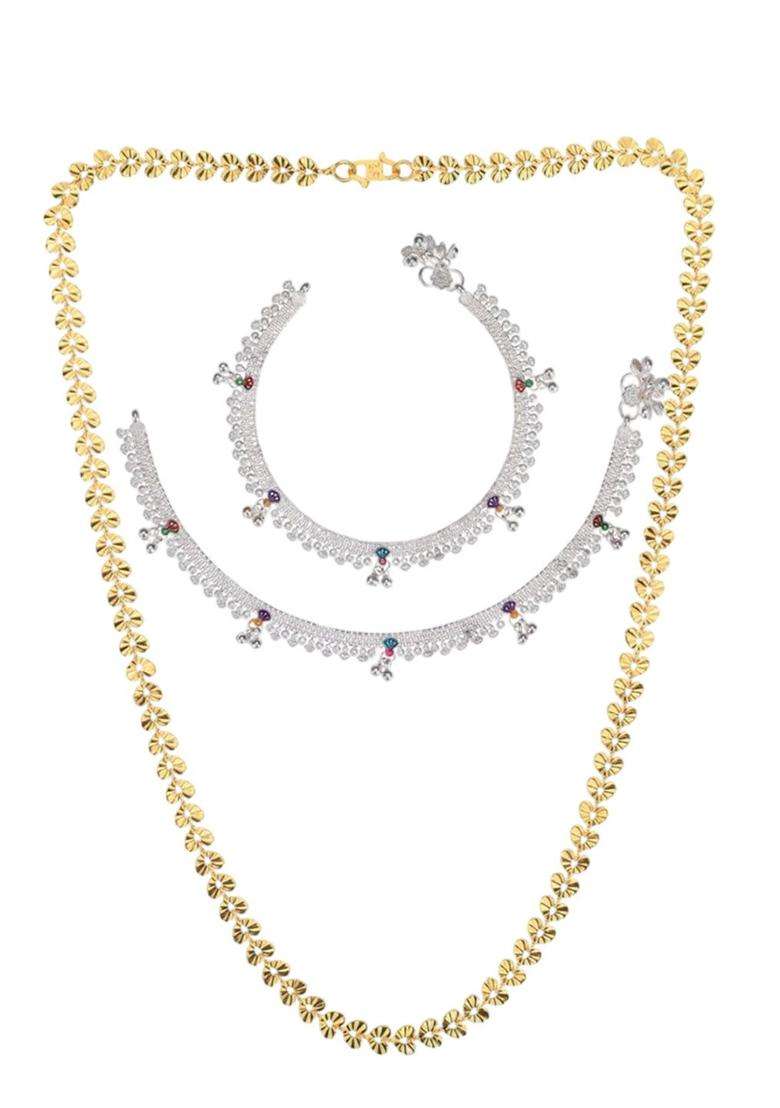 Silver-Plated Beaded Anklets with Gold-Plated Chain for Women | Traditional Temple Jewellery for Wedding & Festive Wear | Gift for Her - Indya