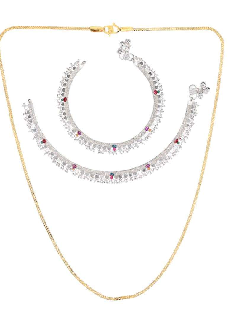 Set of 2 Silver-Plated Anklets with Gold-Plated Chain Jewellery Set for Women | Traditional Temple Jewellery for Wedding & Festive Wear | Gift for Her - Indya