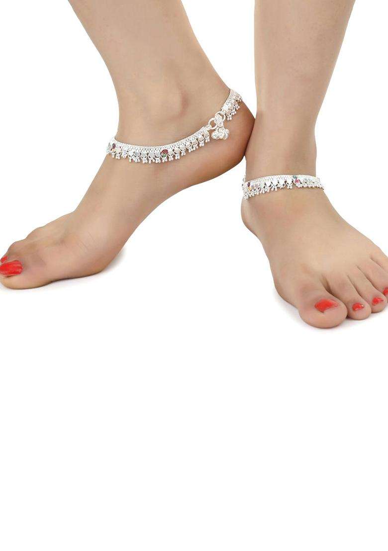 Set of 2 Silver-Plated Anklets with Gold-Plated Chain Jewellery Set for Women | Traditional Temple Jewellery for Wedding & Festive Wear | Gift for Her - Indya