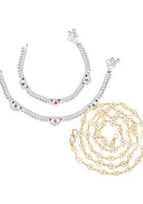 Set of 2 Silver-Plated Anklets with Gold-Plated Chain for Women | Traditional Temple Jewellery for Wedding & Festive Wear | Gift for Her
