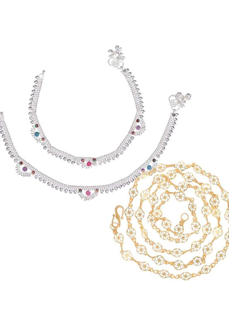 Set of 2 Silver-Plated Anklets with Gold-Plated Chain for Women | Traditional Temple Jewellery for Wedding & Festive Wear | Gift for Her - Indya