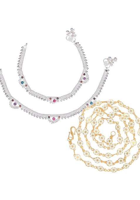 Set of 2 Silver-Plated Anklets with Gold-Plated Chain for Women | Traditional Temple Jewellery for Wedding & Festive Wear | Gift for Her