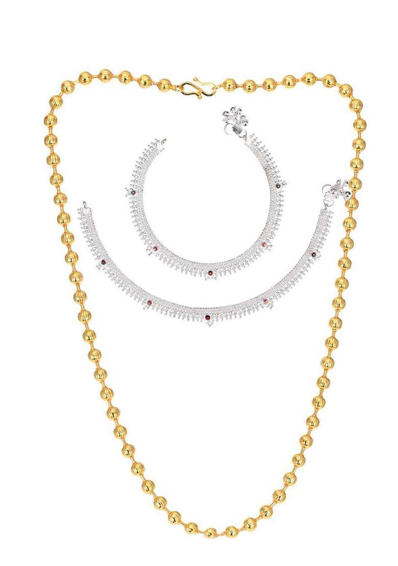 Silver-Plated Beaded Anklets with Gold-Plated Chain for Women | Traditional Temple Jewellery for Wedding & Festive Wear | Gift for Her - Indya