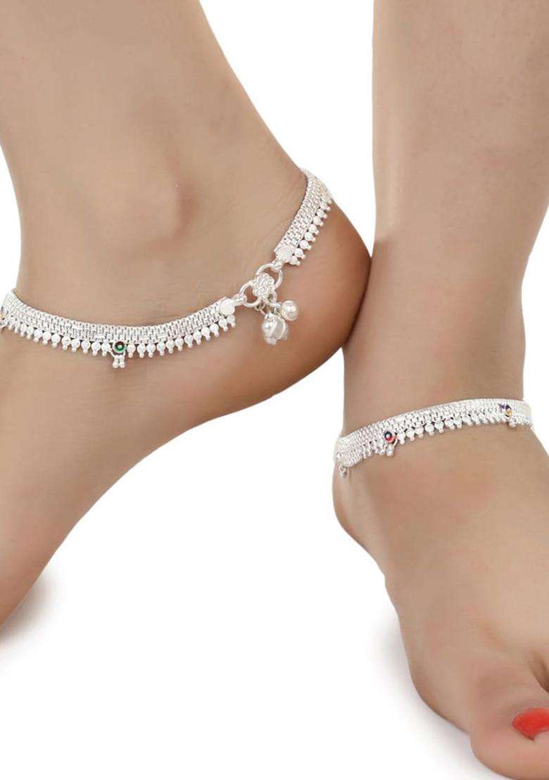 Silver-Plated Beaded Anklets with Gold-Plated Chain for Women | Traditional Temple Jewellery for Wedding & Festive Wear | Gift for Her - Indya