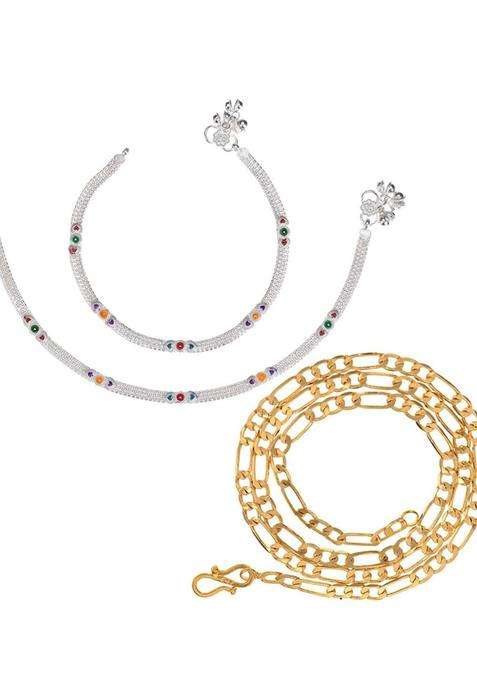 Silver-Plated Beaded Anklets with Gold-Plated Chain Jewellery Set for Women | Traditional Temple Jewellery for Wedding & Festive Wear | Gift for Her