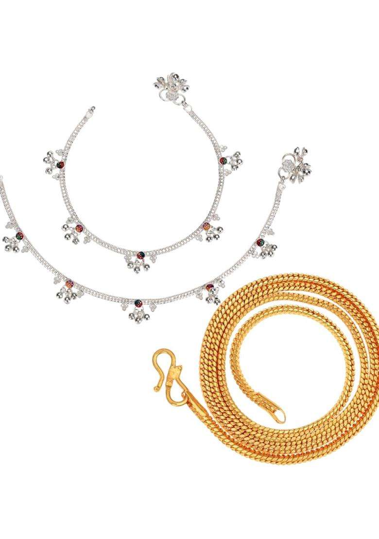 Gold-Plated Chain & Silver-Plated Anklets Jewellery Set for Women | Traditional Temple Jewellery for Wedding & Festive Wear | Gift for Her - Indya