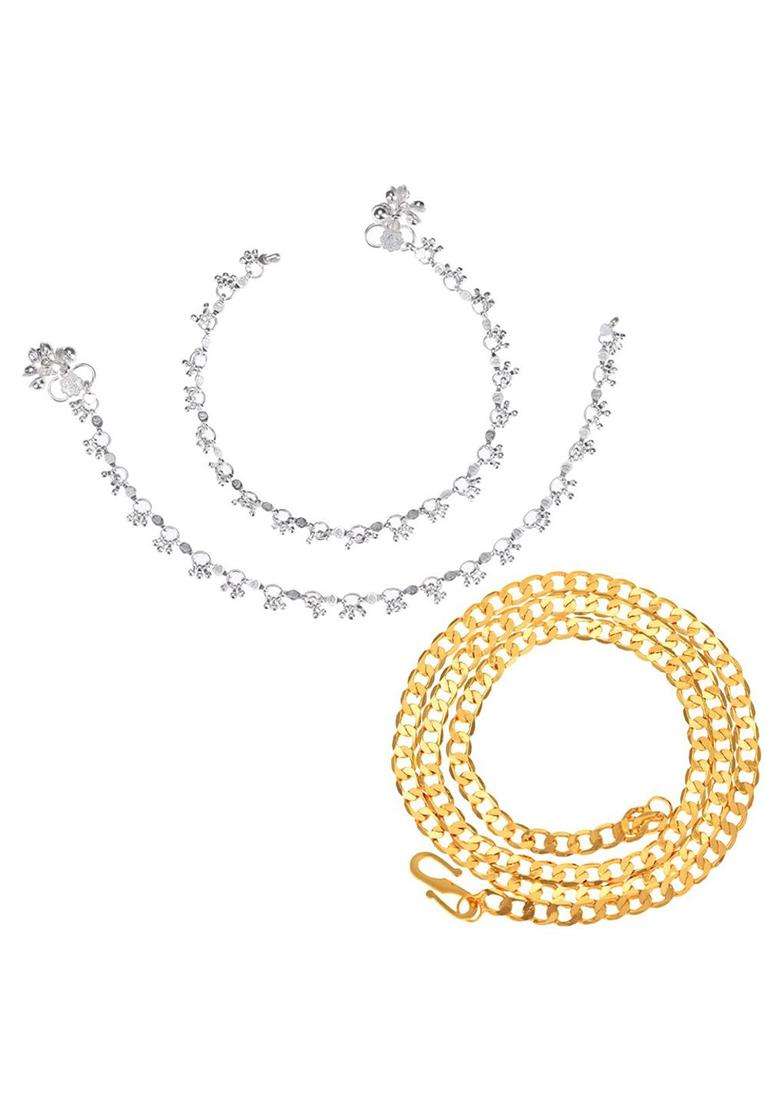 Silver-Plated Anklets with Gold-Plated Chain for Women | Traditional Temple Jewellery for Wedding & Festive Wear | Gift for Her - Indya
