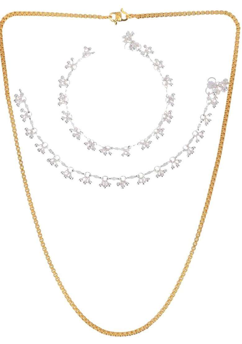 Gold-Plated Chain & Silver-Plated Anklets Jewellery Set for Women | Traditional Temple Jewellery for Wedding & Festive Wear | Gift for Her - Indya