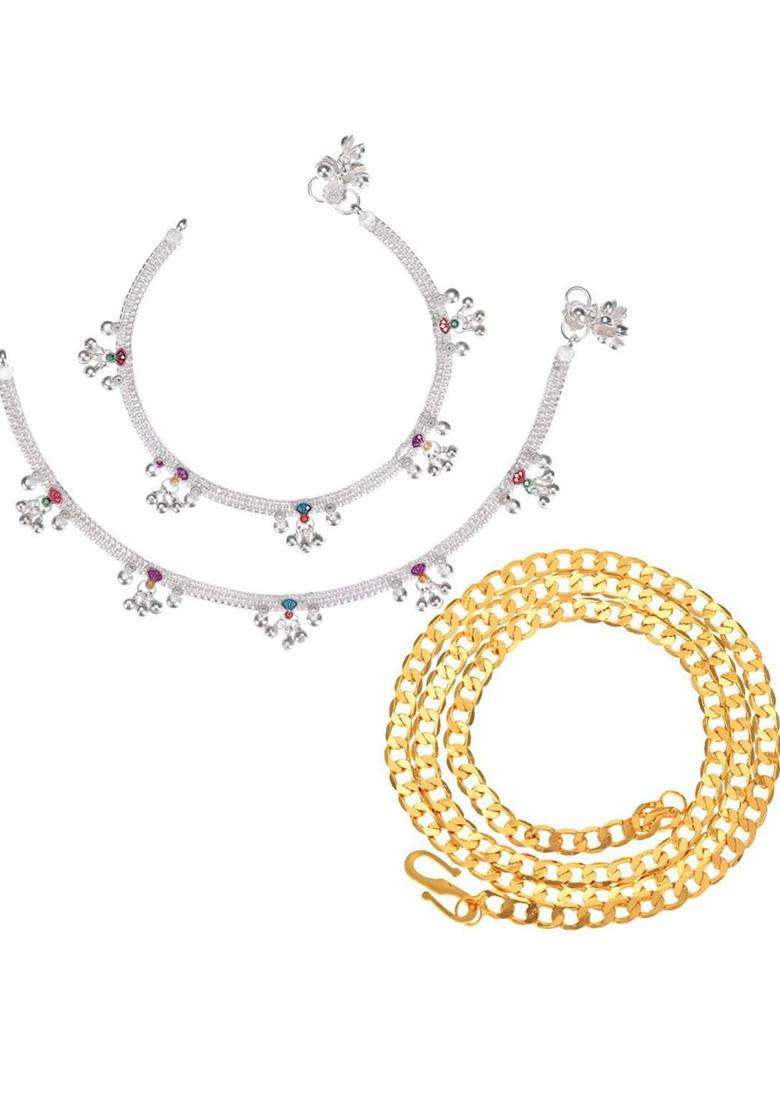 Gold-Plated Chain & Silver-Plated Anklets Jewellery Set for Women | Traditional Temple Jewellery for Wedding & Festive Wear | Gift for Her - Indya