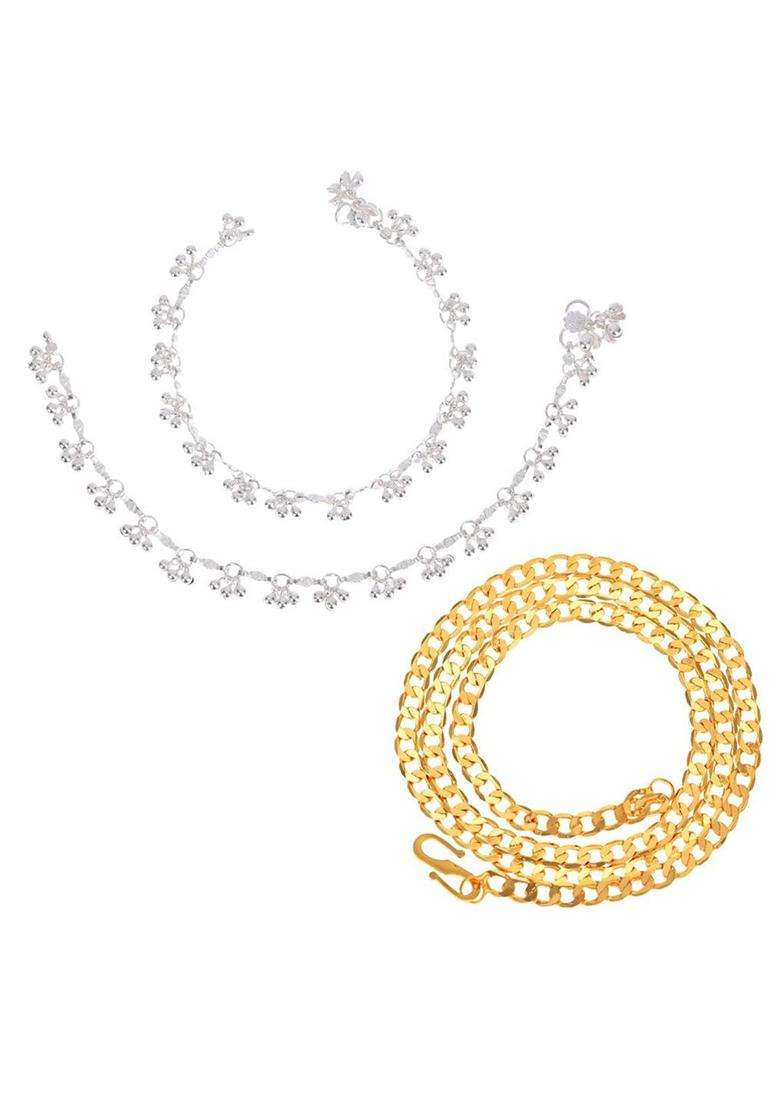 Set of 2 Silver-Plated Beaded Anklets with Gold-Plated Chain for Women | Traditional Temple Jewellery for Wedding & Festive Wear | Gift for Her - Indya