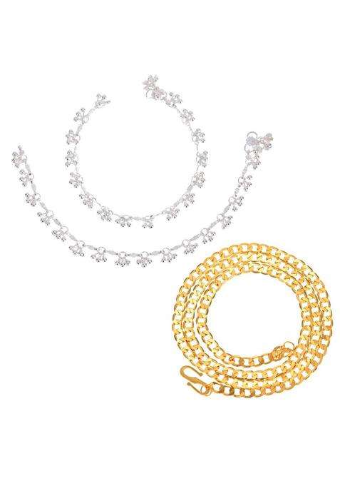 Set of 2 Silver-Plated Beaded Anklets with Gold-Plated Chain for Women | Traditional Temple Jewellery for Wedding & Festive Wear | Gift for Her