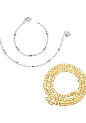 Set of 2 Silver-Plated Beaded Anklets with Gold-Plated Chain for Women | Traditional Temple Jewellery for Wedding & Festive Wear | Gift for Her