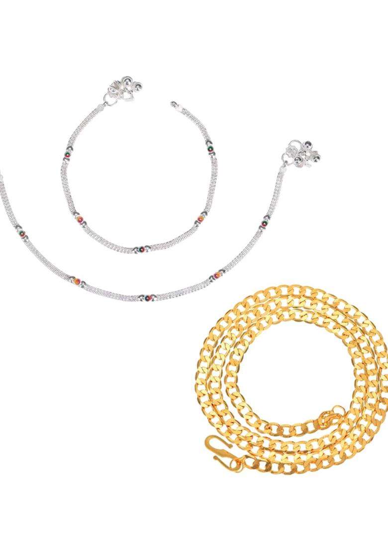 Set of 2 Silver-Plated Beaded Anklets with Gold-Plated Chain for Women | Traditional Temple Jewellery for Wedding & Festive Wear | Gift for Her - Indya