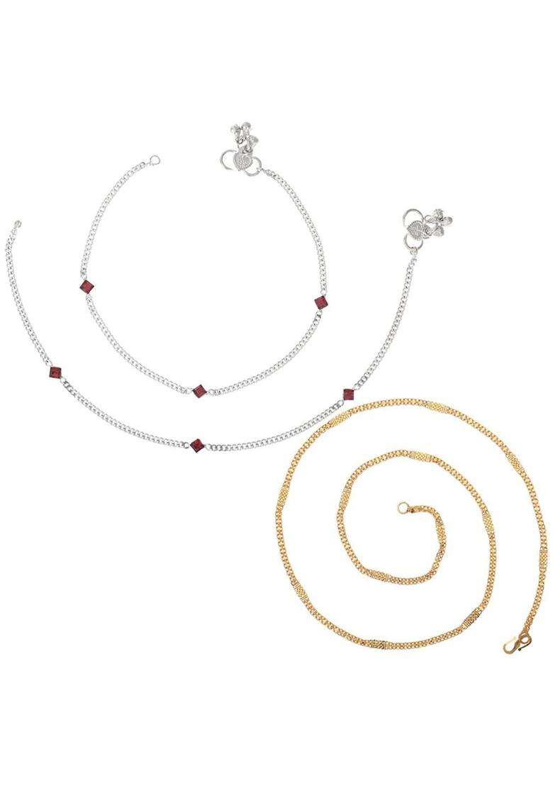 Gold-Plated Chain & Set of 2 Silver-Plated Anklets for Women | Traditional Temple Jewellery for Wedding & Festive Wear | Gift for Her - Indya