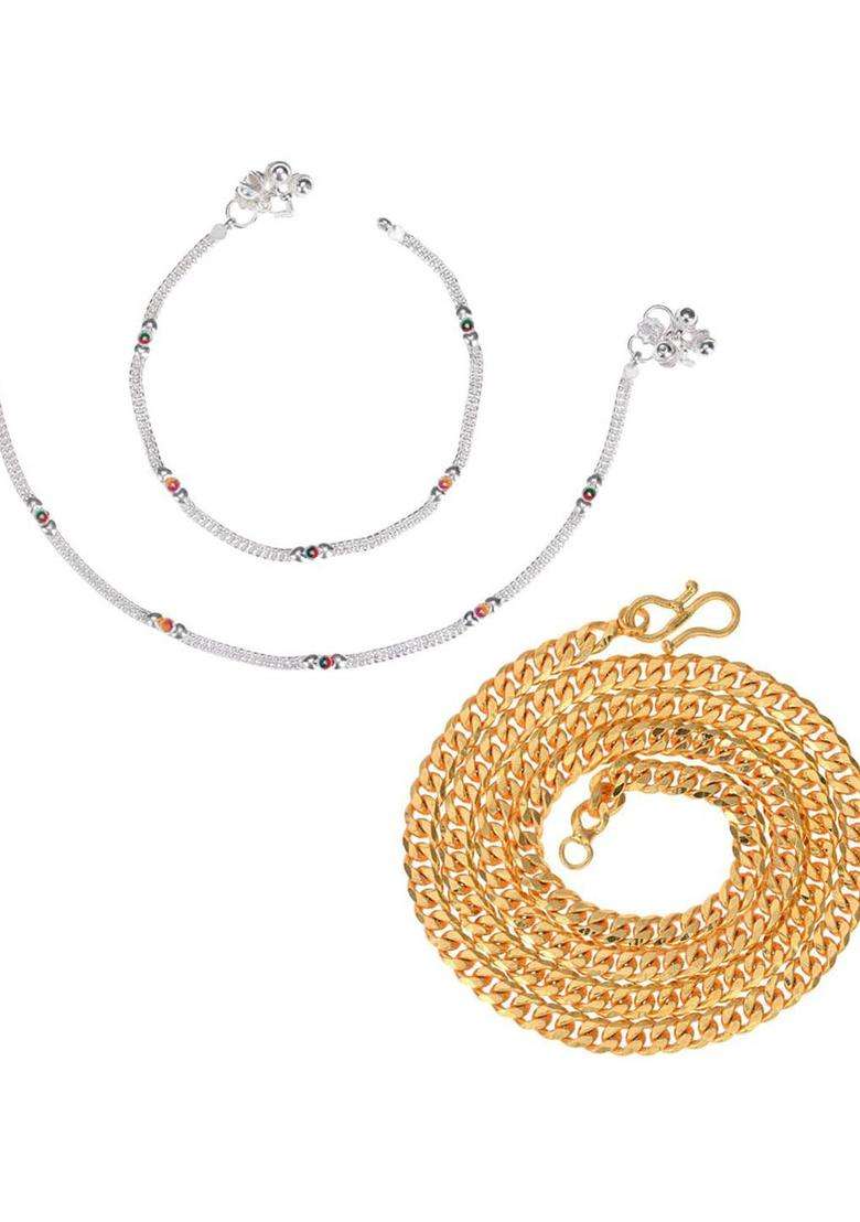 Set of 2 Silver-Plated Anklets with Gold-Plated Chain for Women | Traditional Temple Jewellery for Wedding & Festive Wear | Gift for Her - Indya