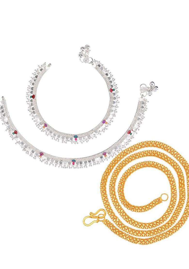 Set of 2 Silver-Plated Beaded Anklets with Gold-Plated Chain for Women | Traditional Temple Jewellery for Wedding & Festive Wear | Gift for Her - Indya