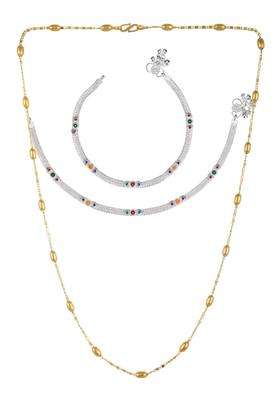 Set of 2 Silver-Plated Anklets with Gold-Plated Chain for Women | Traditional Temple Jewellery for Wedding & Festive Wear | Gift for Her