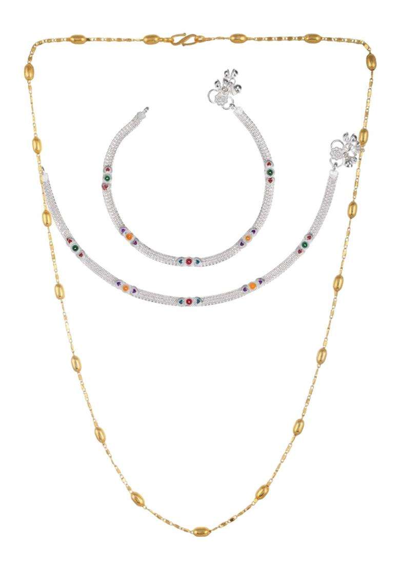 Set of 2 Silver-Plated Anklets with Gold-Plated Chain for Women | Traditional Temple Jewellery for Wedding & Festive Wear | Gift for Her - Indya
