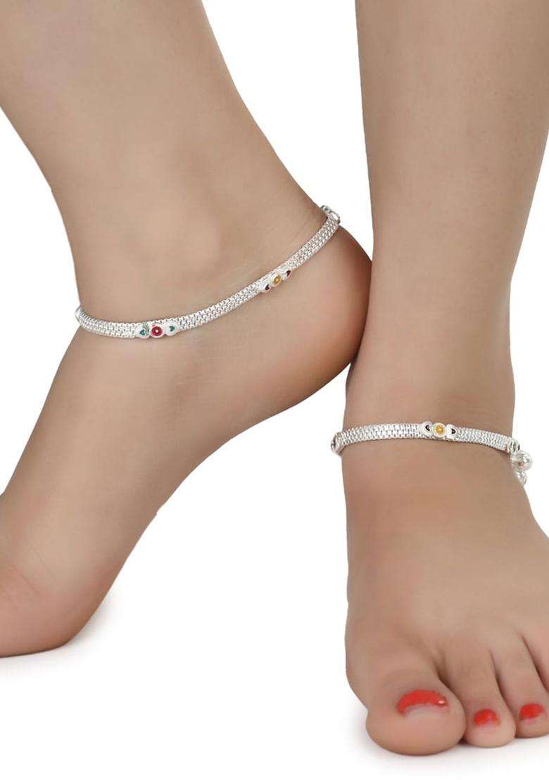 Set of 2 Silver-Plated Anklets with Gold-Plated Chain for Women | Traditional Temple Jewellery for Wedding & Festive Wear | Gift for Her - Indya