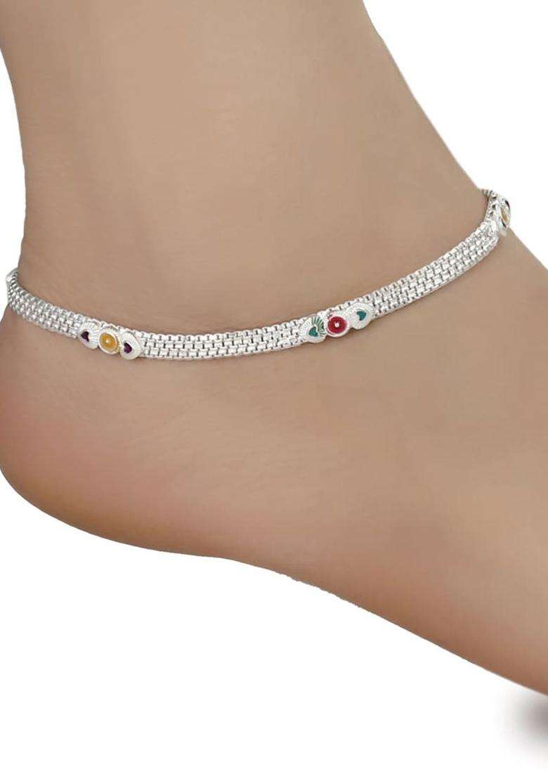 Set of 2 Silver-Plated Anklets with Gold-Plated Chain for Women | Traditional Temple Jewellery for Wedding & Festive Wear | Gift for Her - Indya
