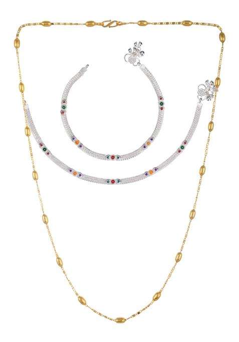 Set of 2 Silver-Plated Anklets with Gold-Plated Chain for Women | Traditional Temple Jewellery for Wedding & Festive Wear | Gift for Her