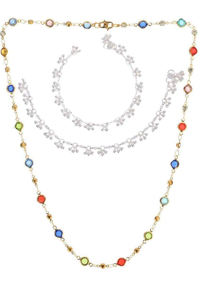 Set of 2 Silver-Plated Anklets with Gold-Plated Chain for Women | Traditional Temple Jewellery for Wedding & Festive Wear | Gift for Her - Indya