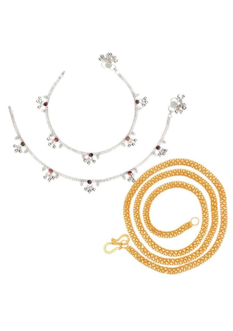 Set of 2 Silver-Plated Anklets with Gold-Plated Chain for Women | Traditional Temple Jewellery for Wedding & Festive Wear | Gift for Her - Indya