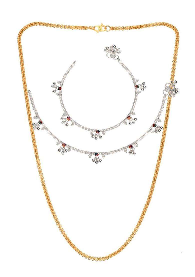 Set of 2 Silver-Plated Anklets with Gold-Plated Chain for Women | Traditional Temple Jewellery for Wedding & Festive Wear | Gift for Her - Indya