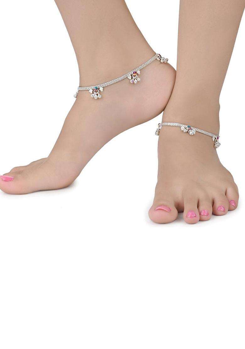 Set of 2 Silver-Plated Anklets with Gold-Plated Chain for Women | Traditional Temple Jewellery for Wedding & Festive Wear | Gift for Her - Indya