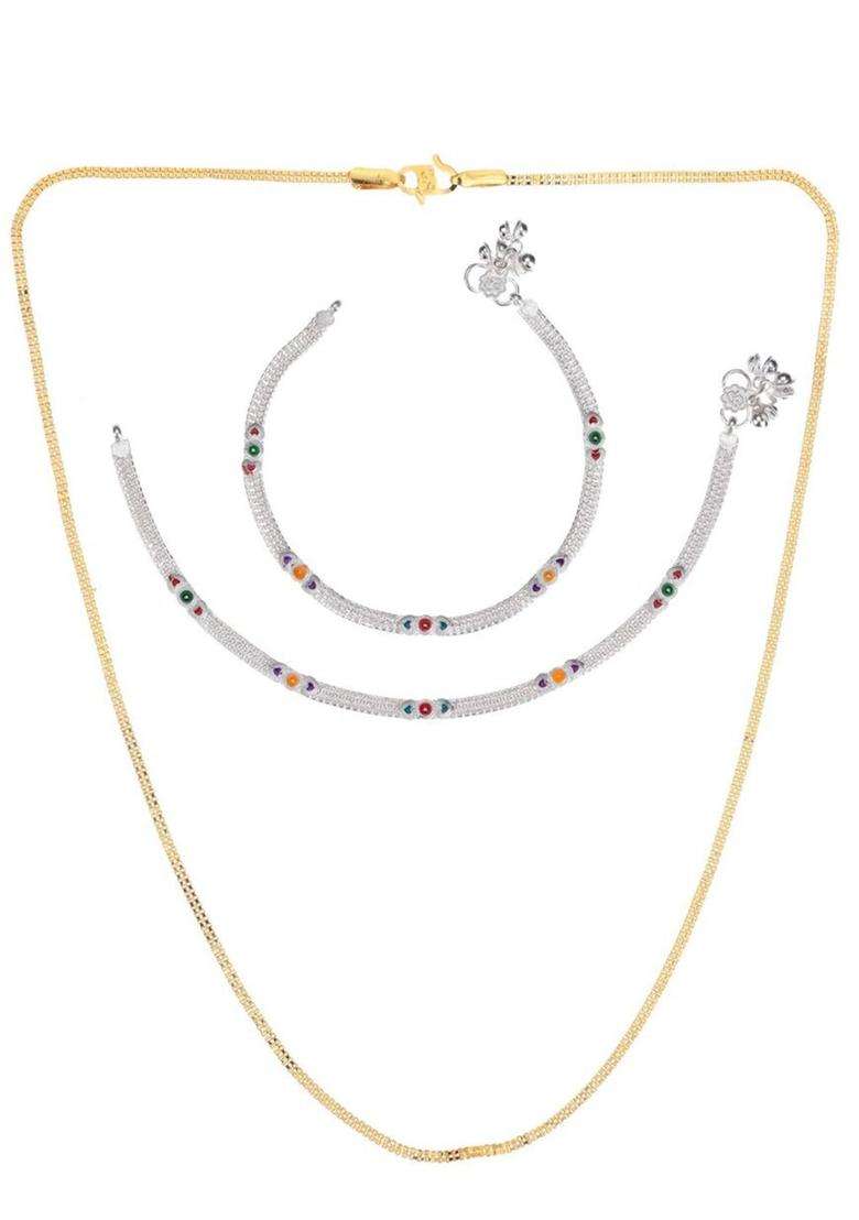 Set of 2 Silver-Plated Anklets with Gold-Plated Chain for Women | Traditional Temple Jewellery for Wedding & Festive Wear | Gift for Her - Indya