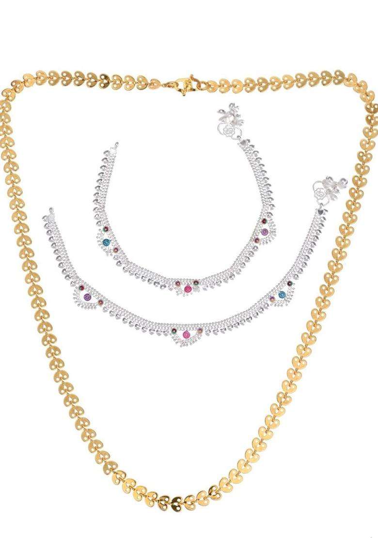 Silver-Plated Anklets & Gold-Plated Chain Jewellery Set for Women | Traditional Temple Jewellery for Wedding & Festive Wear | Gift for Her - Indya