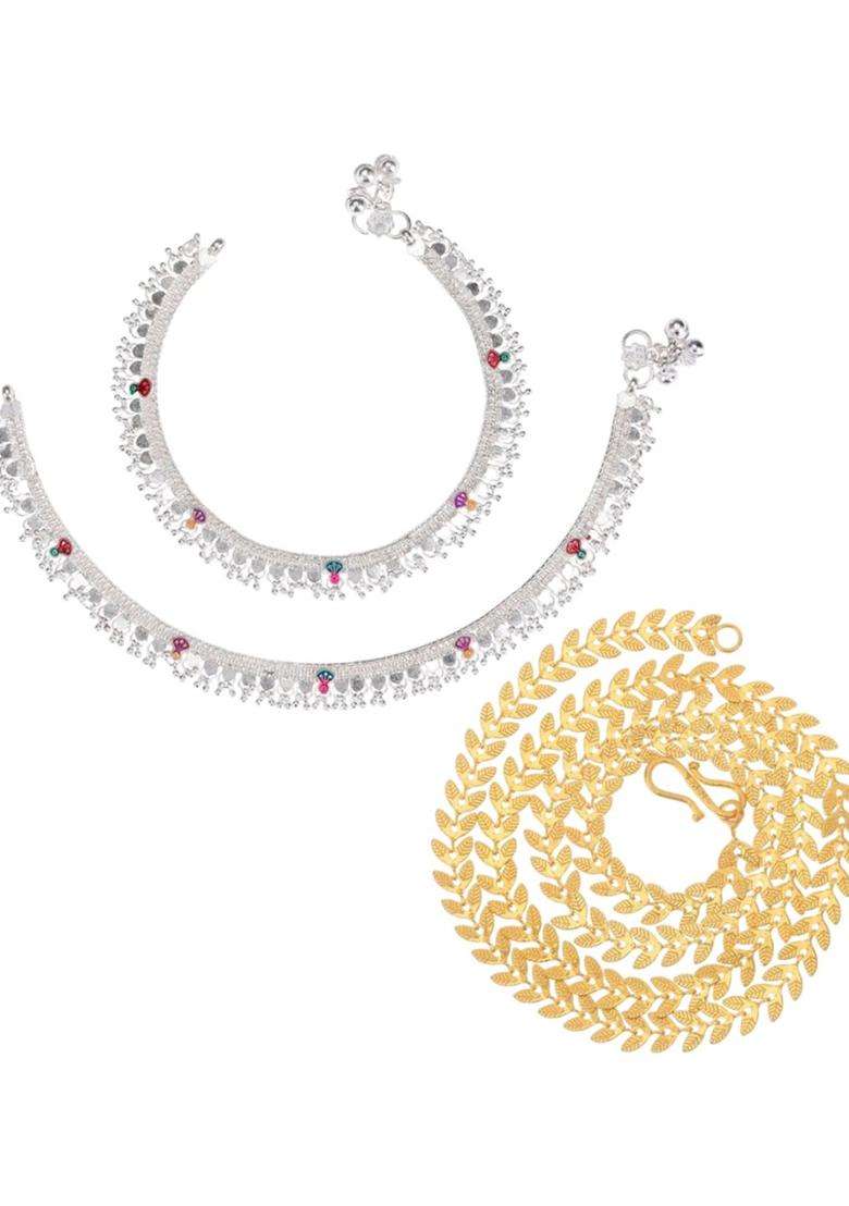 Set of 2 Silver-Plated Anklets with Gold-Plated Chain for Women | Traditional Temple Jewellery for Wedding & Festive Wear | Gift for Her - Indya