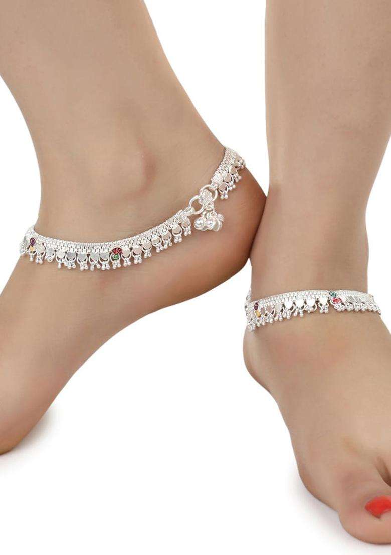 Set of 2 Silver-Plated Anklets with Gold-Plated Chain for Women | Traditional Temple Jewellery for Wedding & Festive Wear | Gift for Her - Indya