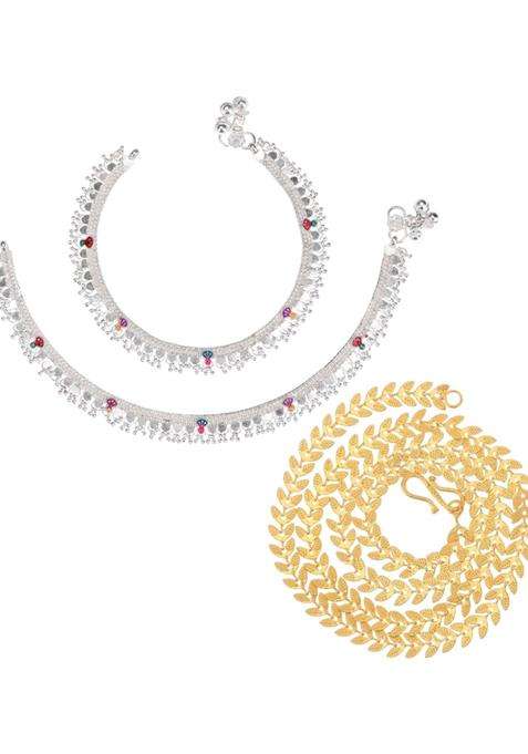 Set of 2 Silver-Plated Anklets with Gold-Plated Chain for Women | Traditional Temple Jewellery for Wedding & Festive Wear | Gift for Her