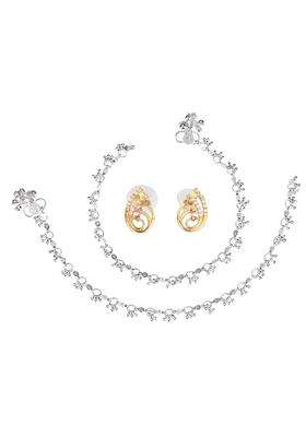 Set of 2 Silver-Plated Anklets & Gold-Plated AD-Studded Earrings Set for Women | Stylish Party & Everyday Wear | Gift for Her