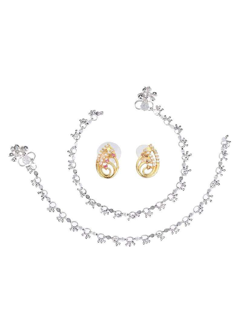 Set of 2 Silver-Plated Anklets & Gold-Plated AD-Studded Earrings Set for Women | Stylish Party & Everyday Wear | Gift for Her - Indya