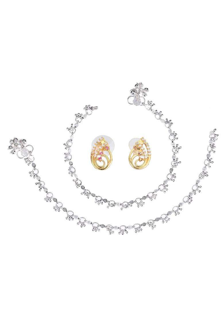 Set of 2 Silver-Plated Anklets & Gold-Plated AD-Studded Earrings Set for Women | Stylish Party & Everyday Wear | Gift for Her - Indya