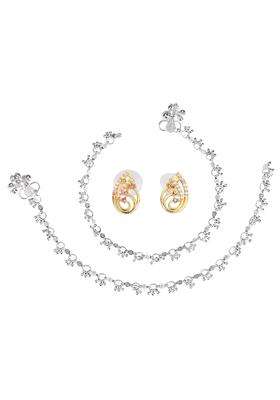 Set of 2 Silver-Plated Anklets & Gold-Plated AD-Studded Earrings Set for Women | Stylish Party & Everyday Wear | Gift for Her