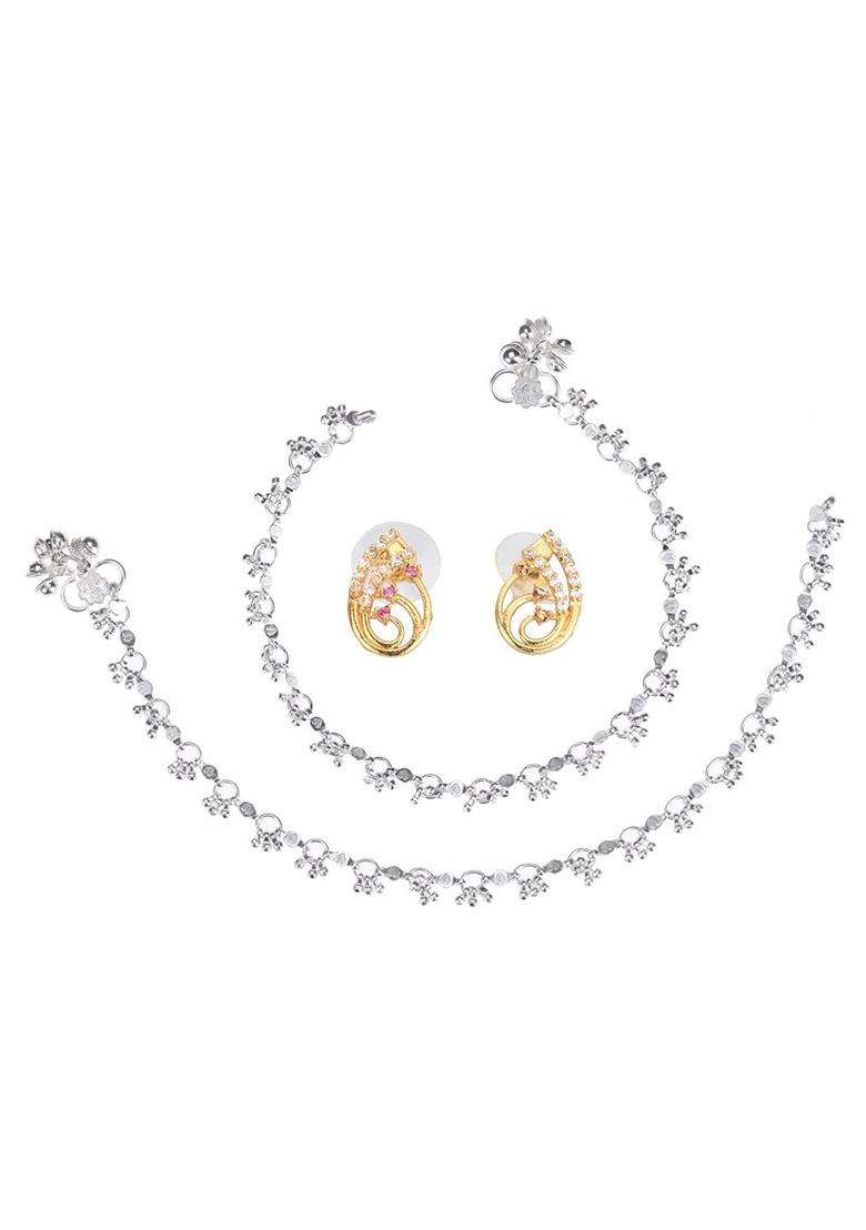 Set of 2 Silver-Plated Anklets & Gold-Plated AD-Studded Earrings Set for Women | Stylish Party & Everyday Wear | Gift for Her - Indya