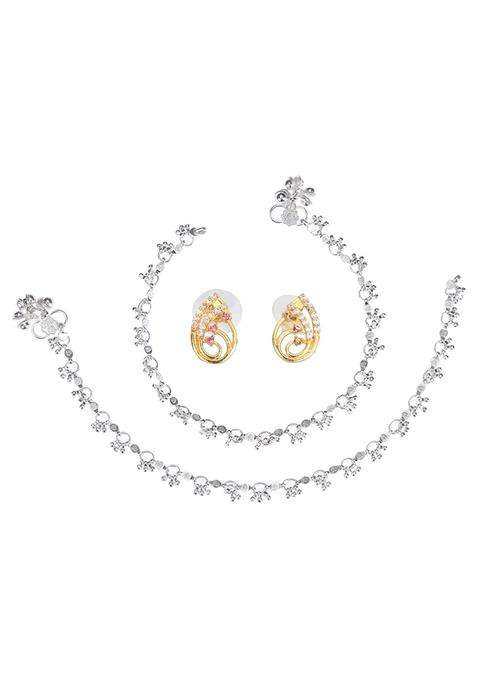 Set of 2 Silver-Plated Anklets & Gold-Plated AD-Studded Earrings Set for Women | Stylish Party & Everyday Wear | Gift for Her