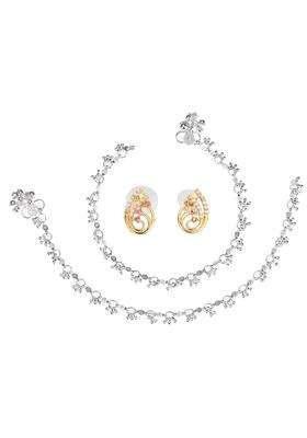 Set of 2 Silver-Plated Anklets & Gold-Plated AD-Studded Earrings Set for Women | Stylish Party & Everyday Wear | Gift for Her