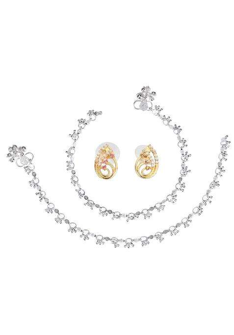 Set of 2 Silver-Plated Anklets & Gold-Plated AD-Studded Earrings Set for Women | Stylish Party & Everyday Wear | Gift for Her