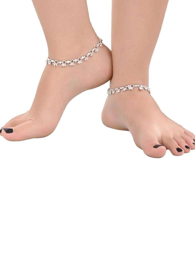 Set of 2 Silver-Plated Anklets & Gold-Plated AD-Studded Earrings Set for Women | Stylish Party & Everyday Wear | Gift for Her - Indya