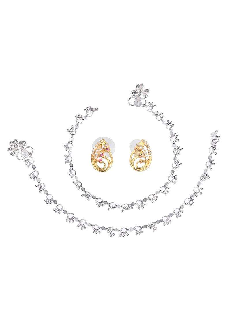 Set of 2 Silver-Plated Anklets & Gold-Plated AD-Studded Earrings Set for Women | Stylish Party & Everyday Wear | Gift for Her - Indya