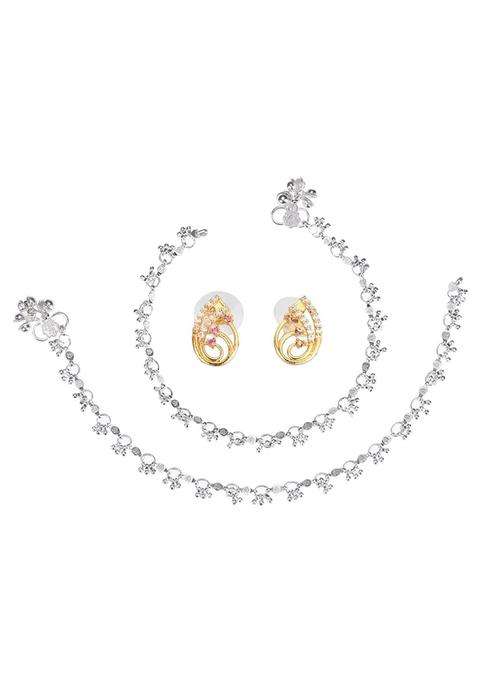 Set of 2 Silver-Plated Anklets & Gold-Plated AD-Studded Earrings Set for Women | Stylish Party & Everyday Wear | Gift for Her