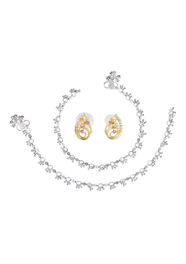 Set of 2 Silver-Plated Anklets & Gold-Plated AD-Studded Earrings Set for Women | Stylish Party & Everyday Wear | Gift for Her - Indya