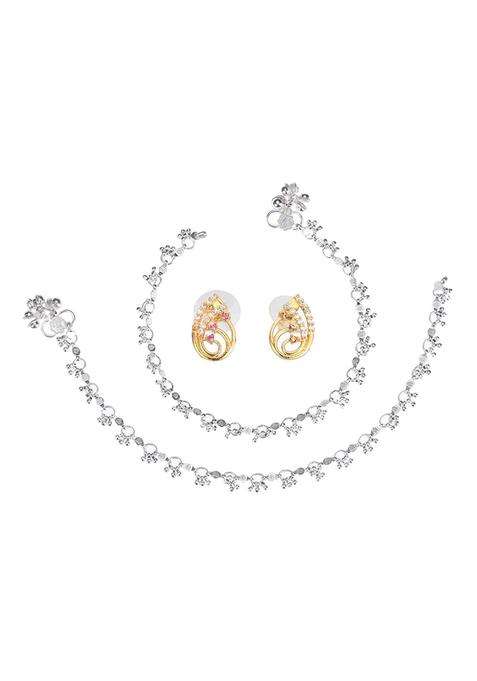 Set of 2 Silver-Plated Anklets & Gold-Plated AD-Studded Earrings Set for Women | Stylish Party & Everyday Wear | Gift for Her