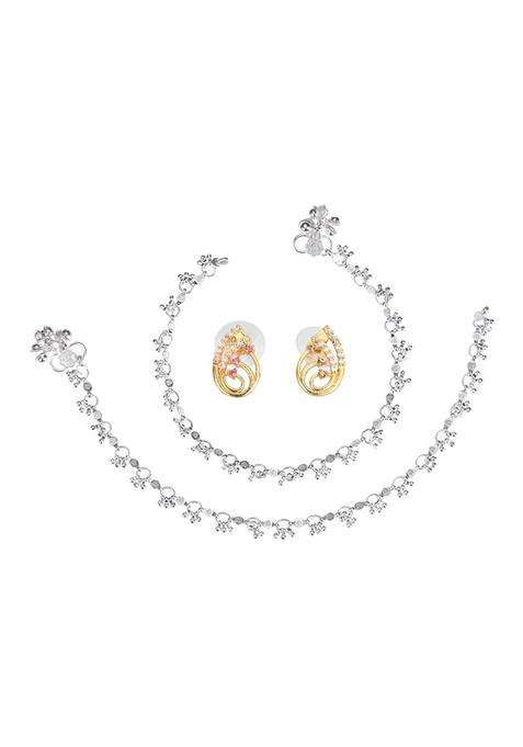 2 Silver-Plated Anklets & Gold-Plated AD-Studded Earrings Jewellery Set for Women | Stylish Party & Everyday Wear | Gift for Her