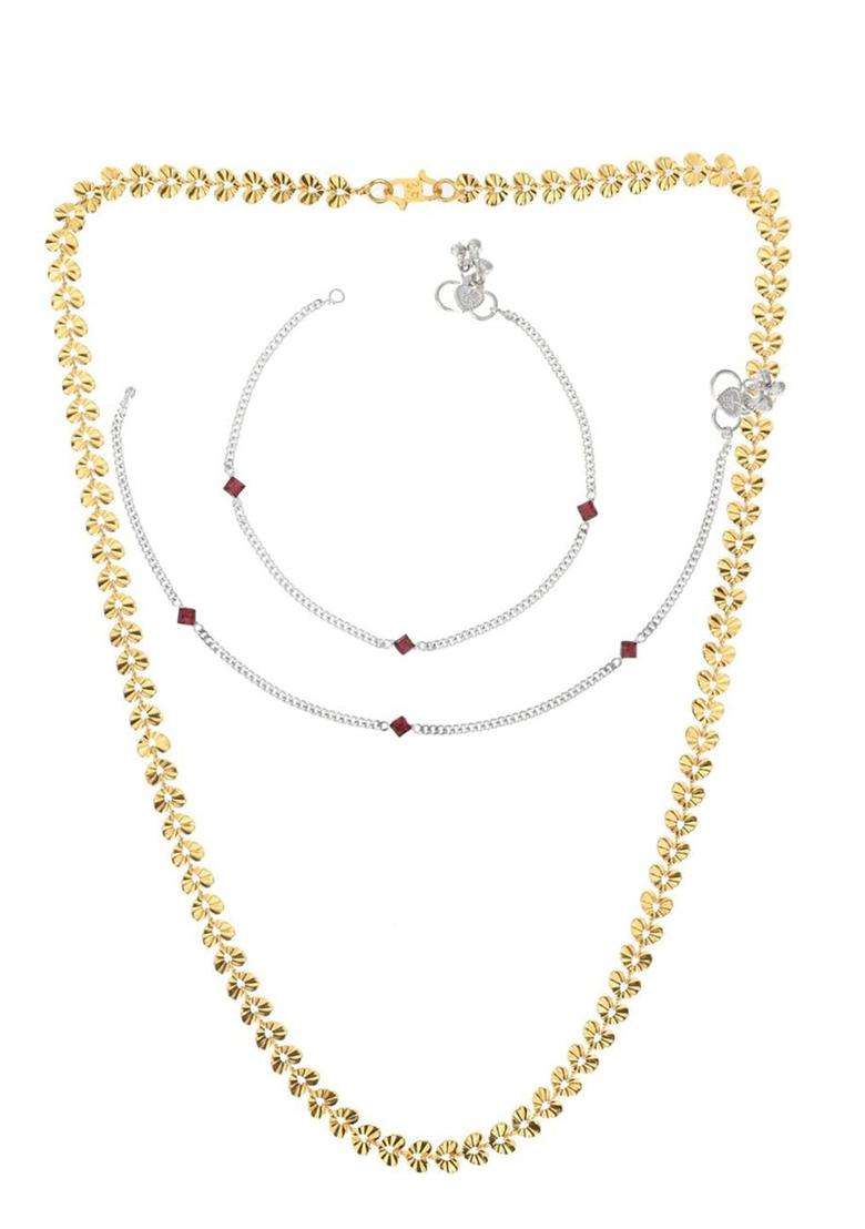 Silver-Plated Beaded Anklets with Gold-Plated Chain for Women | Traditional Temple Jewellery for Wedding & Festive Wear | Gift for Her - Indya