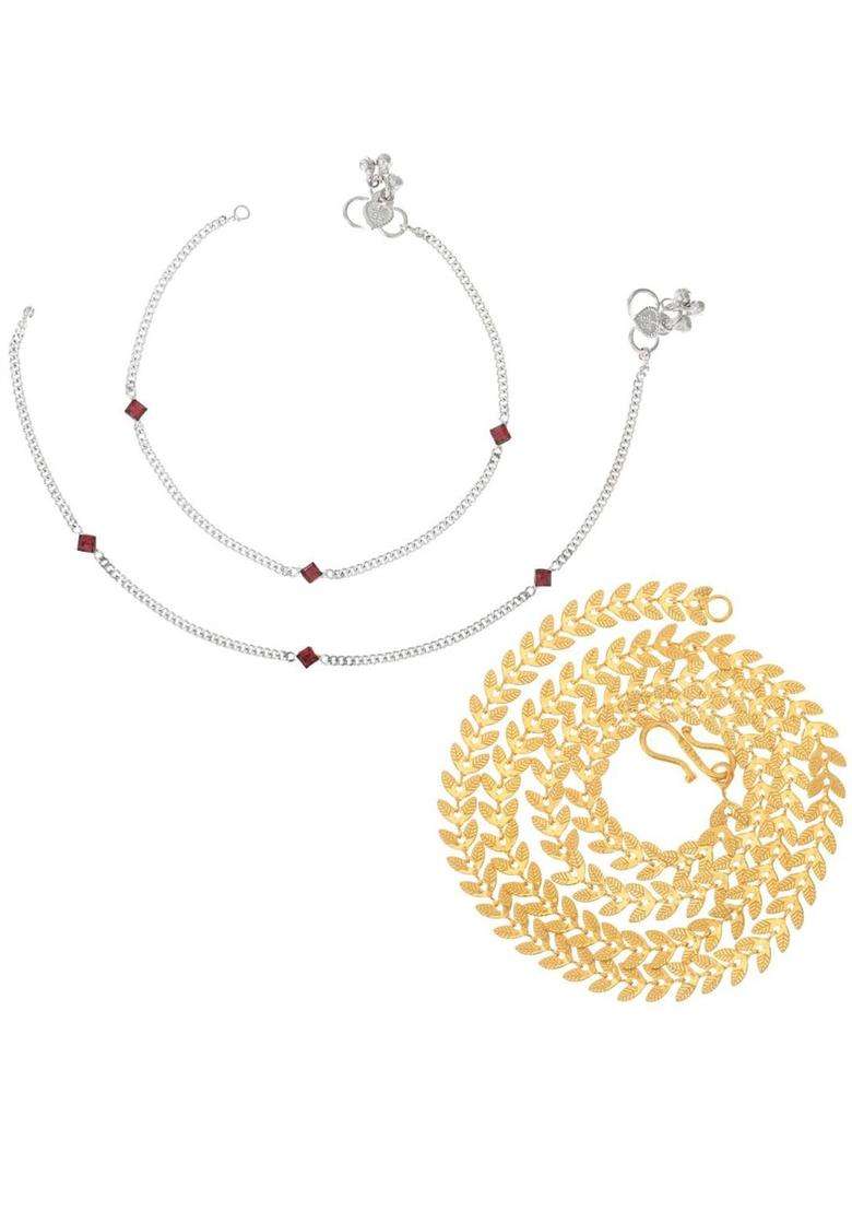 Set of 2 Silver-Plated Anklets with Gold-Plated Chain for Women | Traditional Temple Jewellery for Wedding & Festive Wear | Gift for Her - Indya